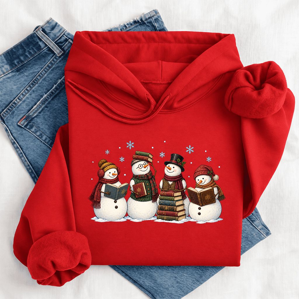Four Snowmen Reading Softstyle Hoodie | Christmas Book Lover Gift Red