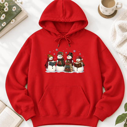 Four Snowmen Reading Softstyle Hoodie | Christmas Book Lover Gift Red