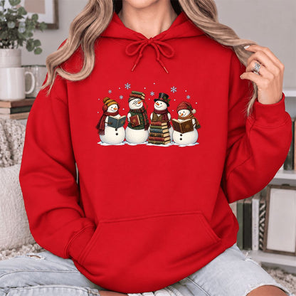 Four Snowmen Reading Softstyle Hoodie | Christmas Book Lover Gift Red