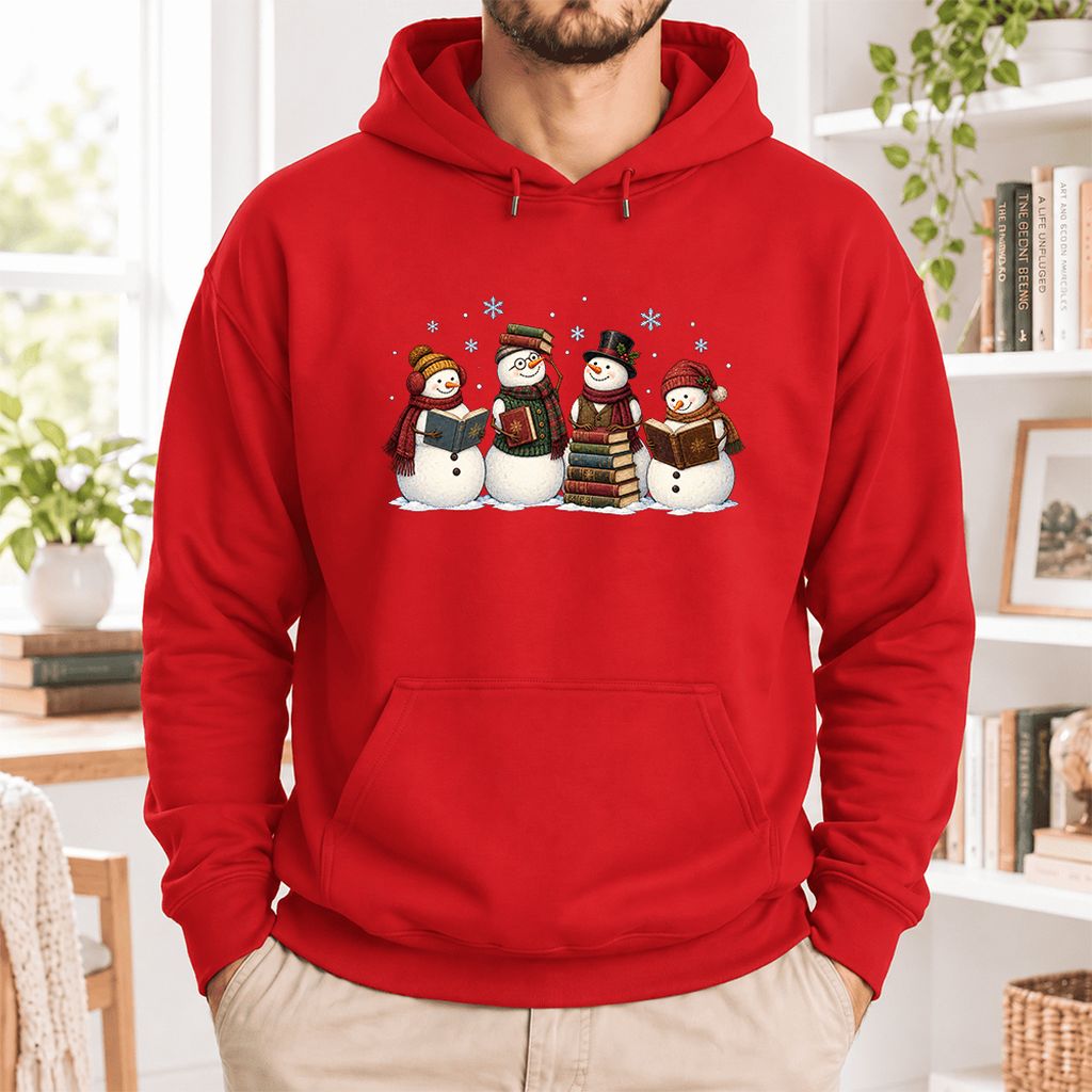 Four Snowmen Reading Softstyle Hoodie | Christmas Book Lover Gift Red