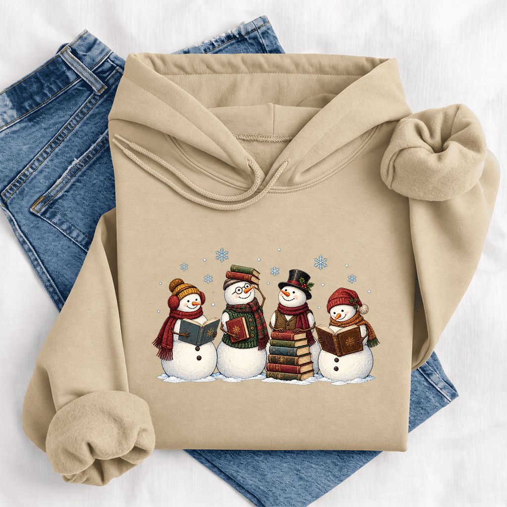 Four Snowmen Reading Softstyle Hoodie | Christmas Book Lover Gift Sand