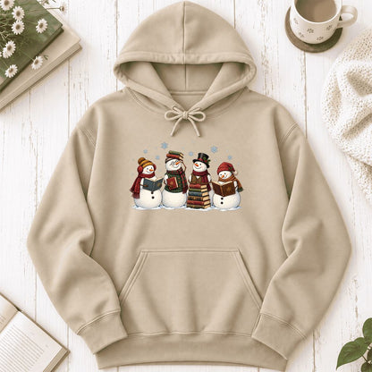 Four Snowmen Reading Softstyle Hoodie | Christmas Book Lover Gift Sand