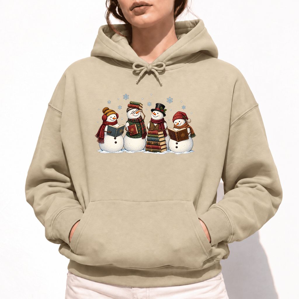 Four Snowmen Reading Softstyle Hoodie | Christmas Book Lover Gift Sand
