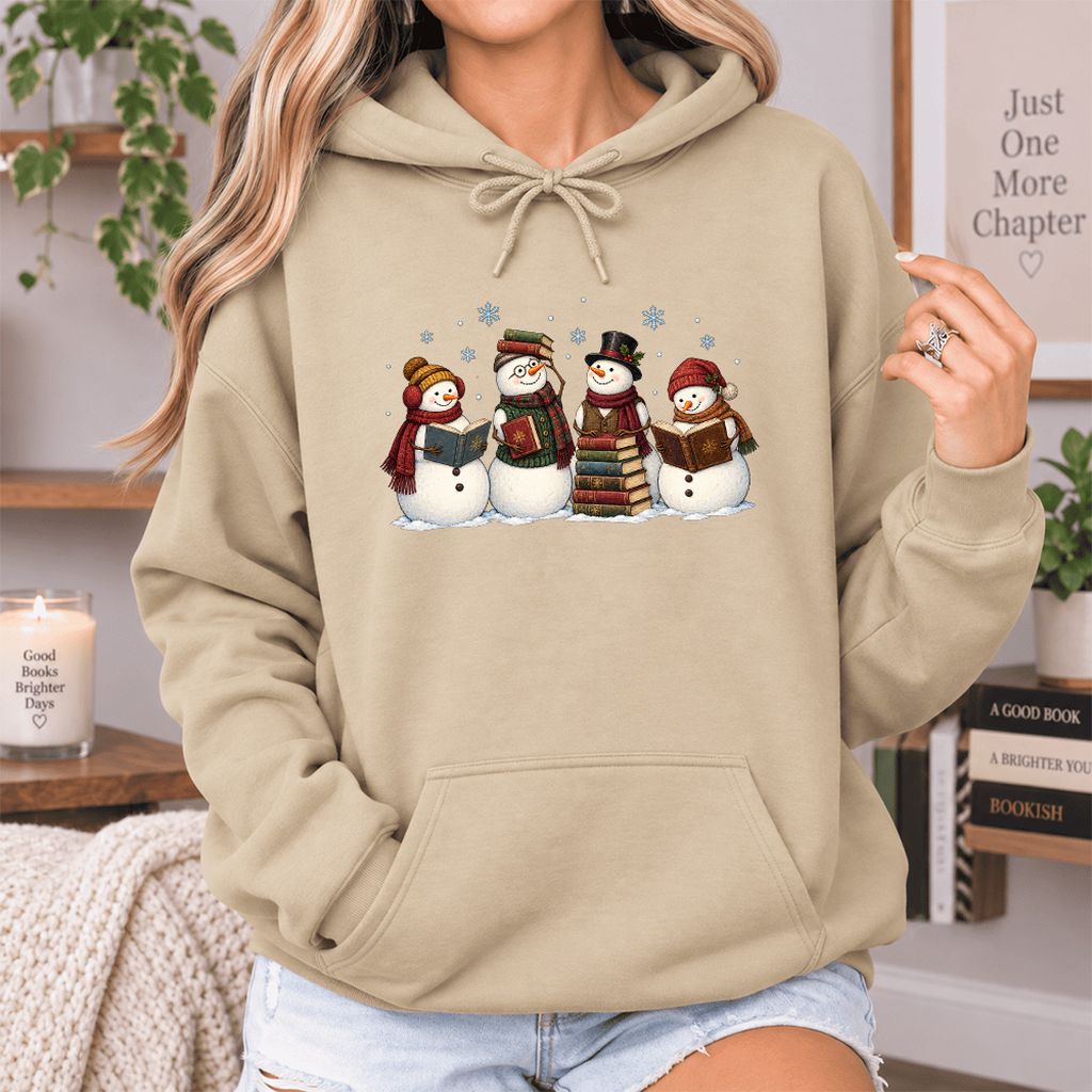 Four Snowmen Reading Softstyle Hoodie | Christmas Book Lover Gift Sand