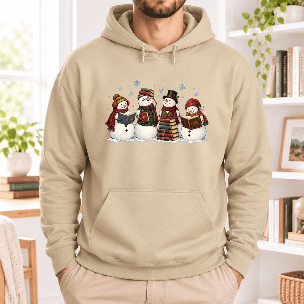 Four Snowmen Reading Softstyle Hoodie | Christmas Book Lover Gift Sand