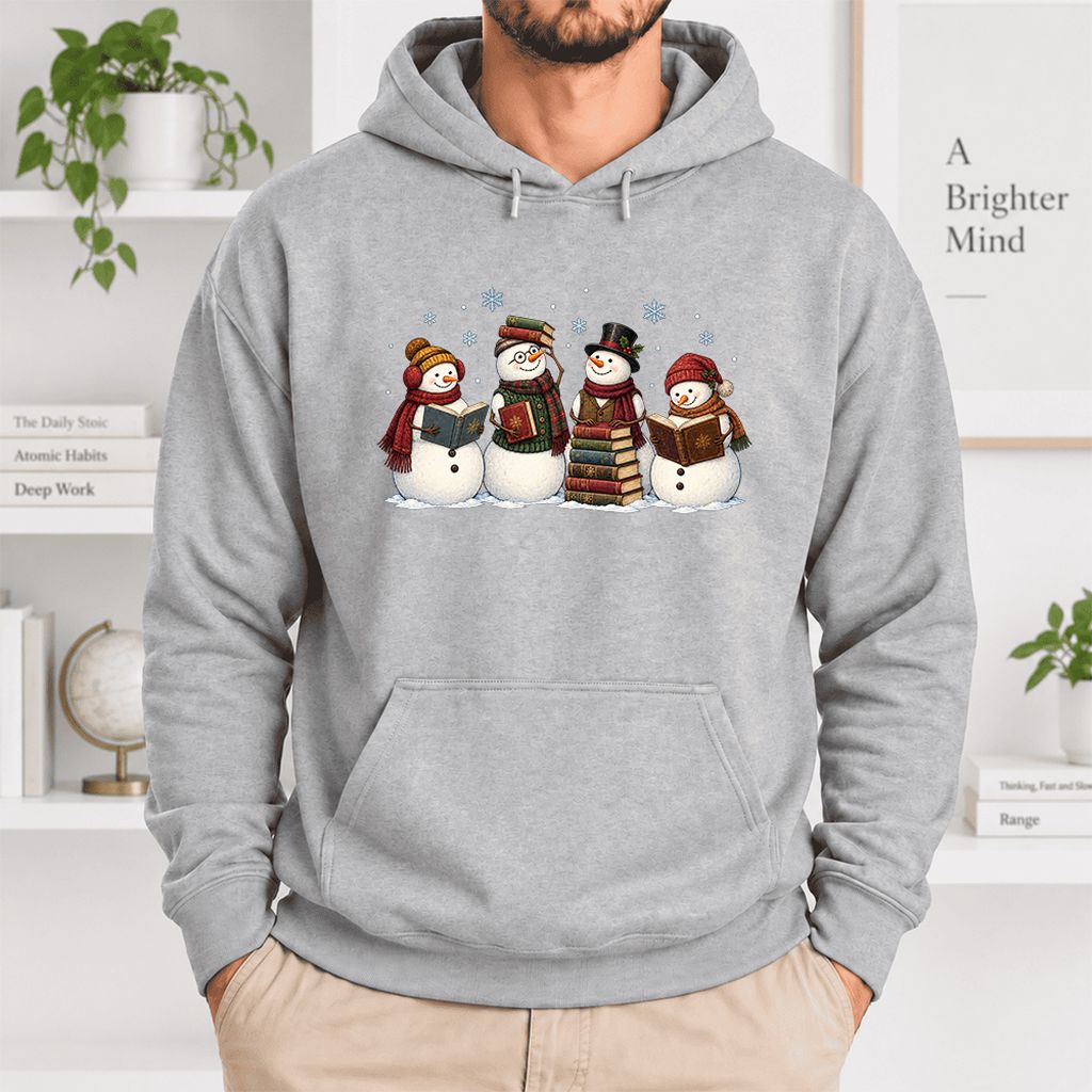 Four Snowmen Reading Softstyle Hoodie | Christmas Book Lover Gift Sport Grey