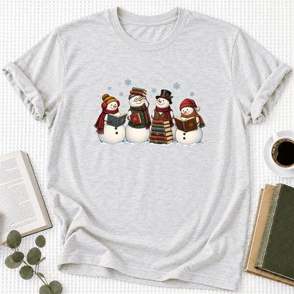 Four Snowmen Cozy Reading Ultra-Soft Cotton T-Shirt | Christmas Reader Gift Ash