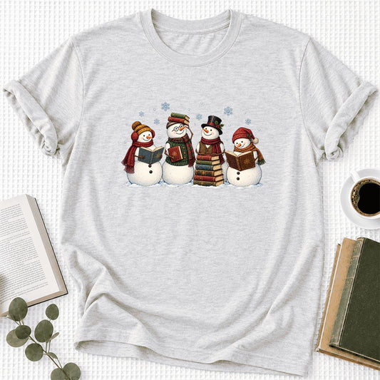 Four Snowmen Cozy Reading Ultra-Soft Cotton T-Shirt | Christmas Reader Gift Ash