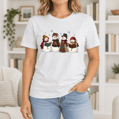 Four Snowmen Cozy Reading Ultra-Soft Cotton T-Shirt | Christmas Reader Gift Ash