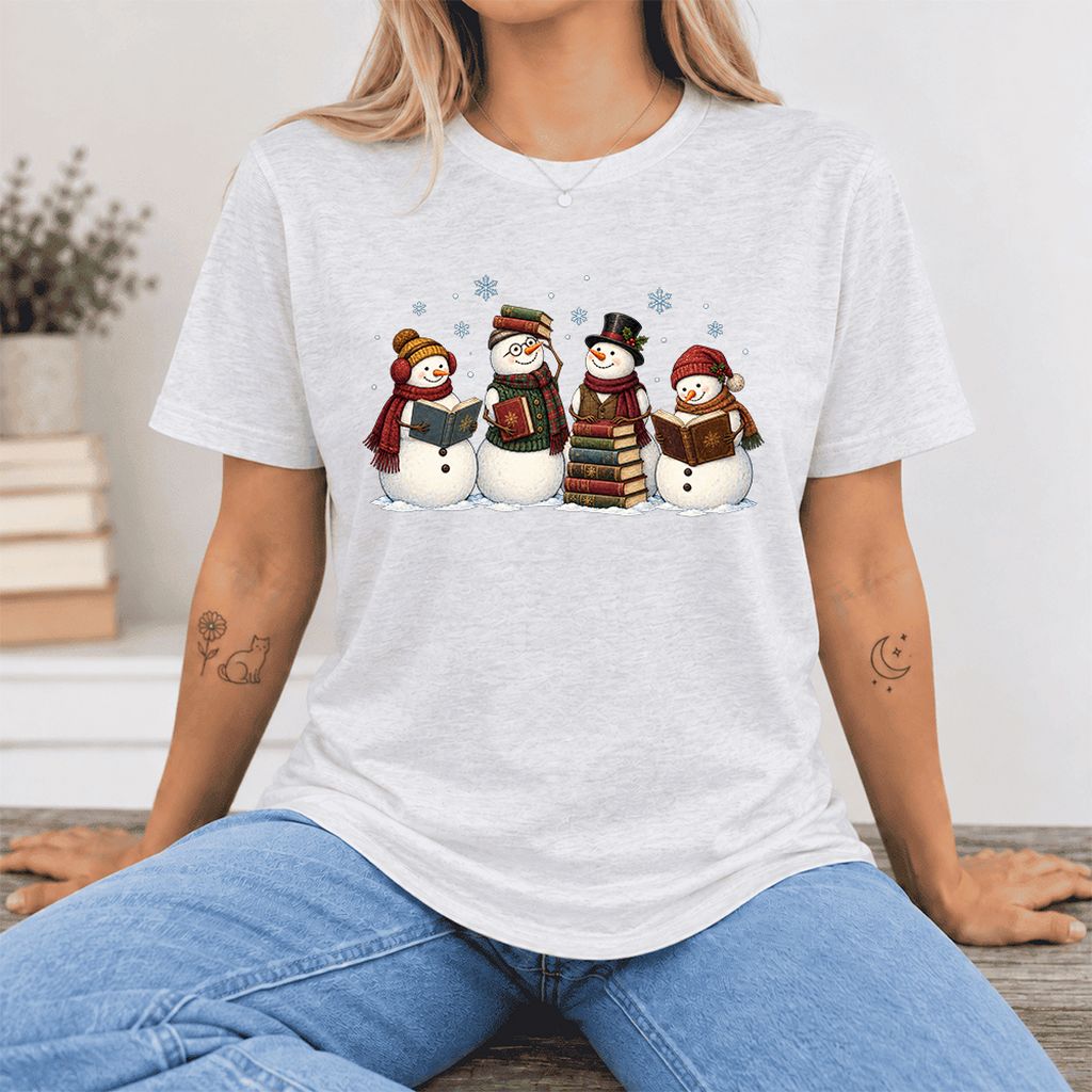 Four Snowmen Cozy Reading Ultra-Soft Cotton T-Shirt | Christmas Reader Gift Ash