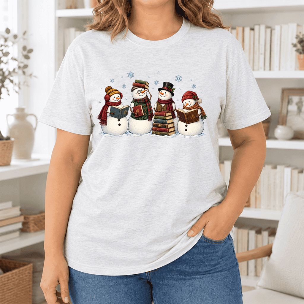 Four Snowmen Cozy Reading Ultra-Soft Cotton T-Shirt | Christmas Reader Gift Ash