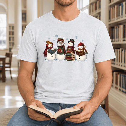 Four Snowmen Cozy Reading Ultra-Soft Cotton T-Shirt | Christmas Reader Gift Ash