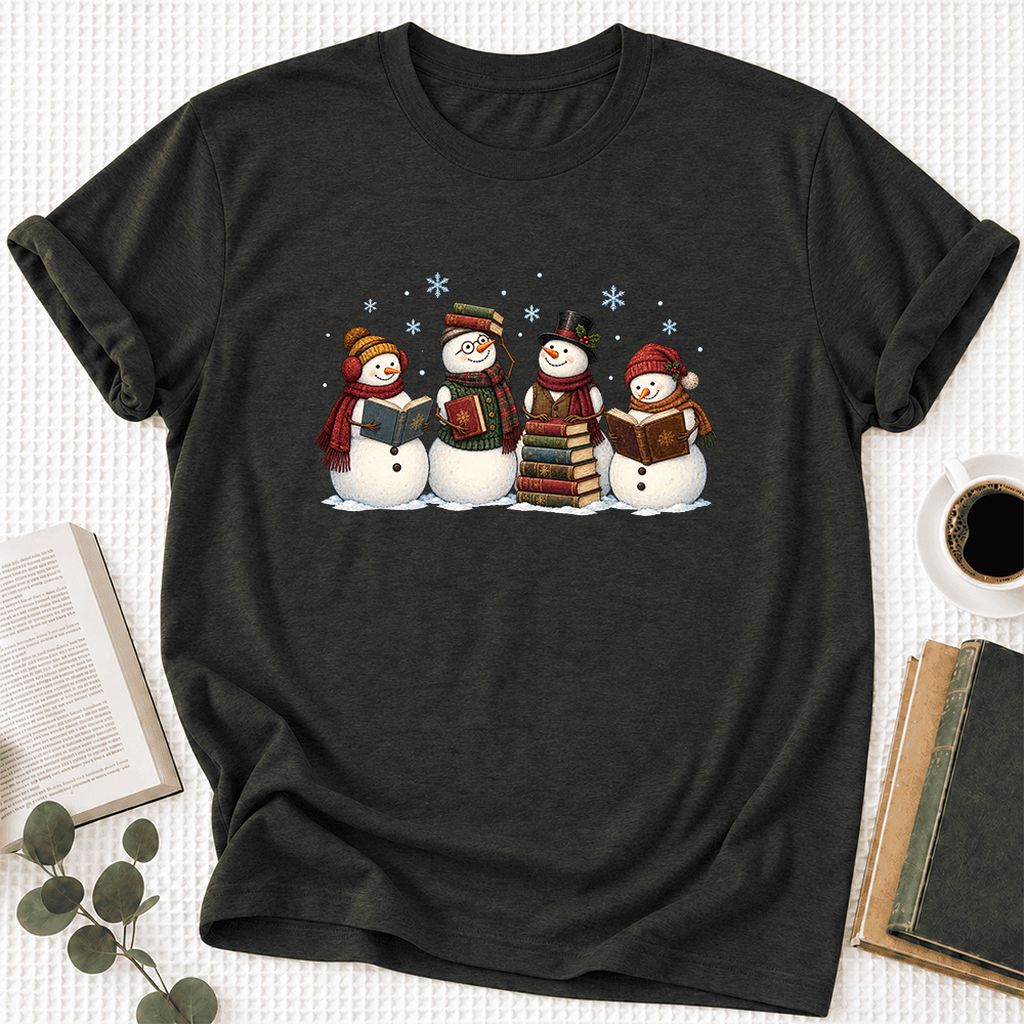 Four Snowmen Cozy Reading Ultra-Soft Cotton T-Shirt | Christmas Reader Gift Black Heather