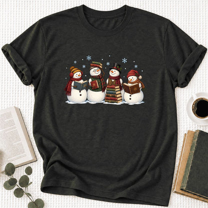 Four Snowmen Cozy Reading Ultra-Soft Cotton T-Shirt | Christmas Reader Gift Black Heather