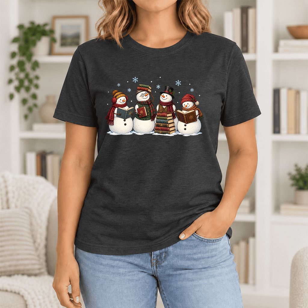 Four Snowmen Cozy Reading Ultra-Soft Cotton T-Shirt | Christmas Reader Gift Black Heather