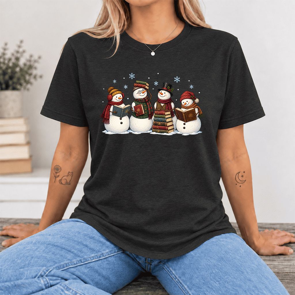 Four Snowmen Cozy Reading Ultra-Soft Cotton T-Shirt | Christmas Reader Gift Black Heather