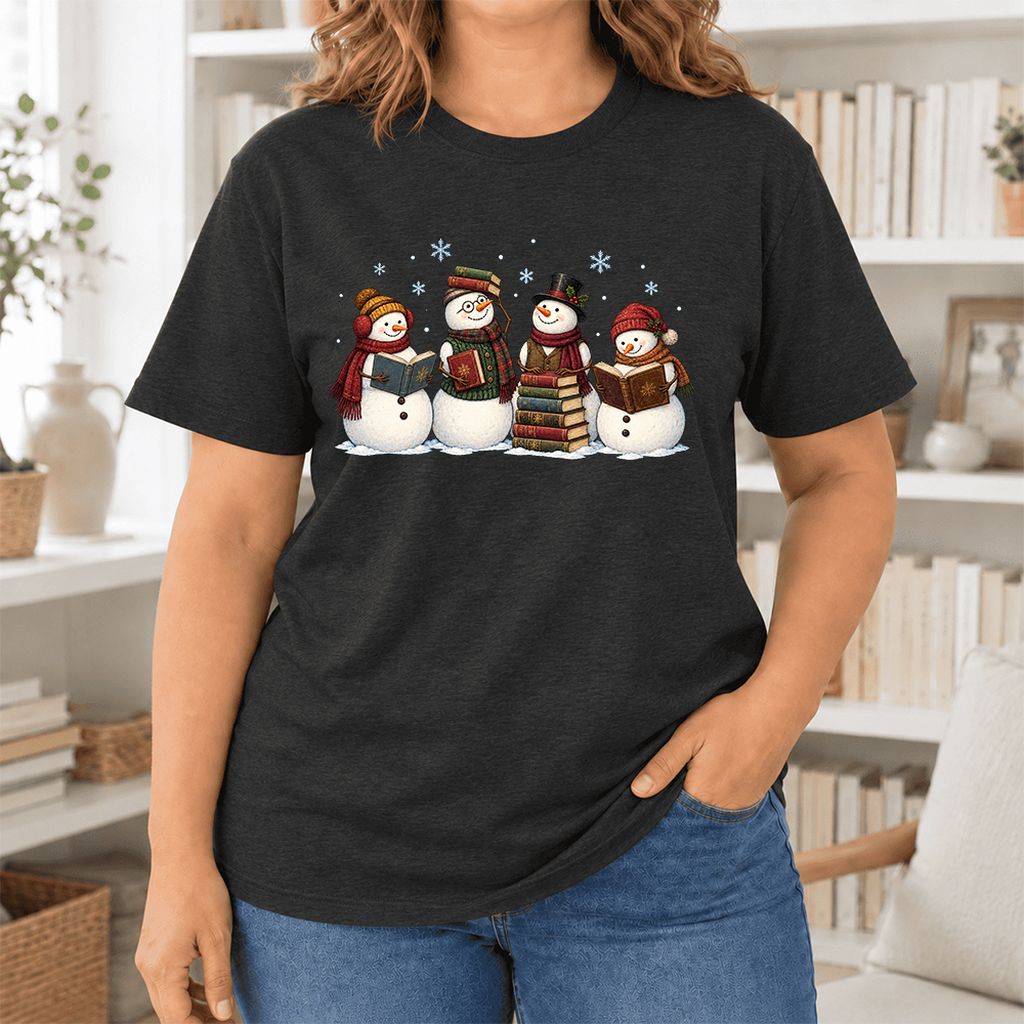 Four Snowmen Cozy Reading Ultra-Soft Cotton T-Shirt | Christmas Reader Gift Black Heather