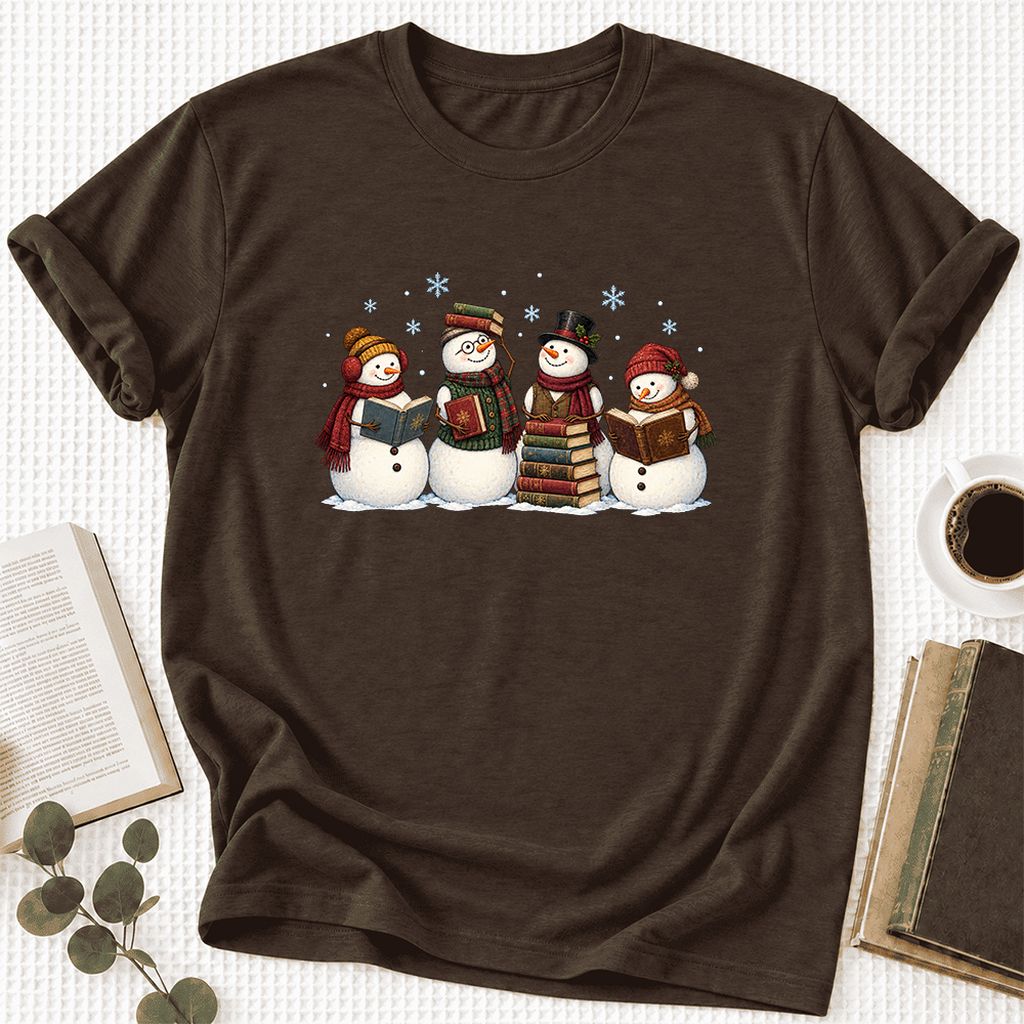 Four Snowmen Cozy Reading Ultra-Soft Cotton T-Shirt | Christmas Reader Gift Brown