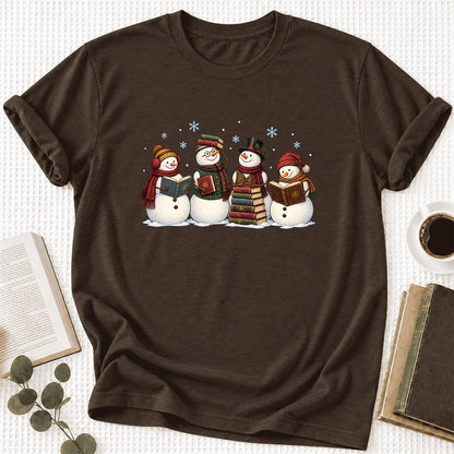 Four Snowmen Cozy Reading Ultra-Soft Cotton T-Shirt | Christmas Reader Gift Brown