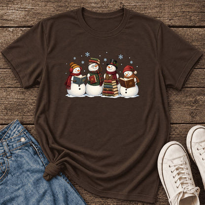 Four Snowmen Cozy Reading Ultra-Soft Cotton T-Shirt | Christmas Reader Gift Brown