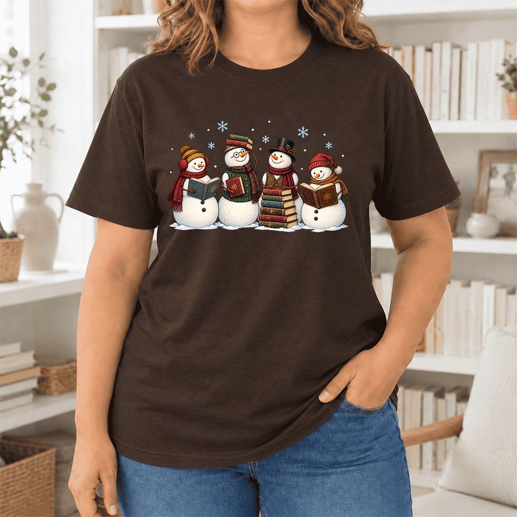 Four Snowmen Cozy Reading Ultra-Soft Cotton T-Shirt | Christmas Reader Gift Brown