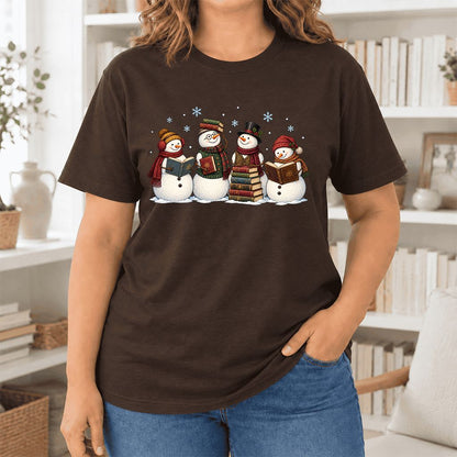 Four Snowmen Cozy Reading Ultra-Soft Cotton T-Shirt | Christmas Reader Gift Brown
