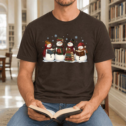 Four Snowmen Cozy Reading Ultra-Soft Cotton T-Shirt | Christmas Reader Gift Brown