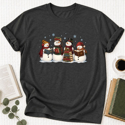 Four Snowmen Cozy Reading Ultra-Soft Cotton T-Shirt | Christmas Reader Gift Dark Grey Heather