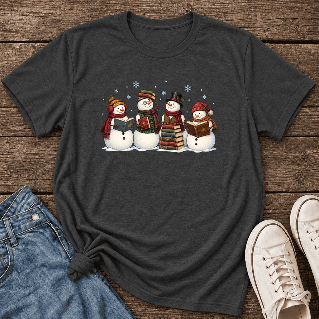 Four Snowmen Cozy Reading Ultra-Soft Cotton T-Shirt | Christmas Reader Gift Dark Grey Heather
