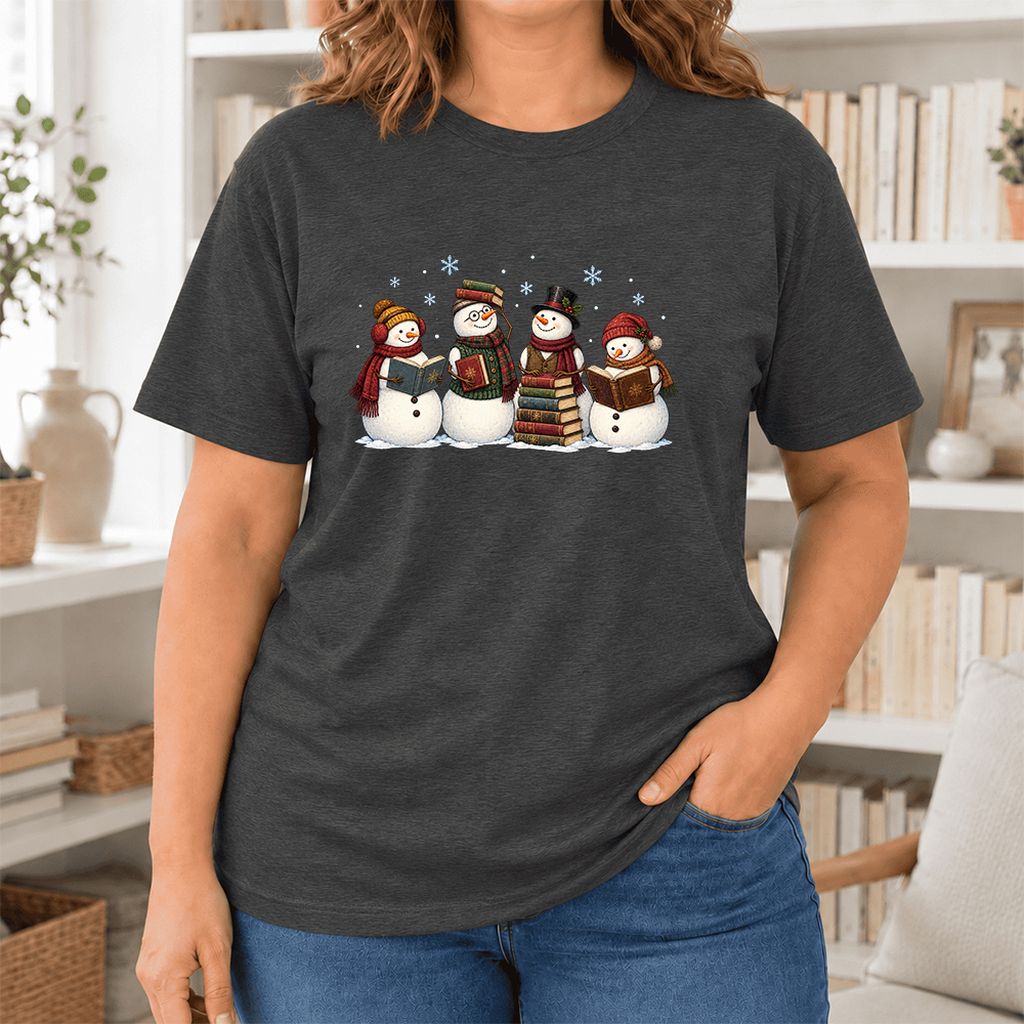 Four Snowmen Cozy Reading Ultra-Soft Cotton T-Shirt | Christmas Reader Gift Dark Grey Heather