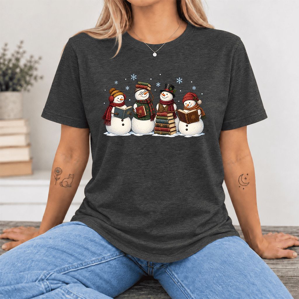 Four Snowmen Cozy Reading Ultra-Soft Cotton T-Shirt | Christmas Reader Gift Dark Grey Heather