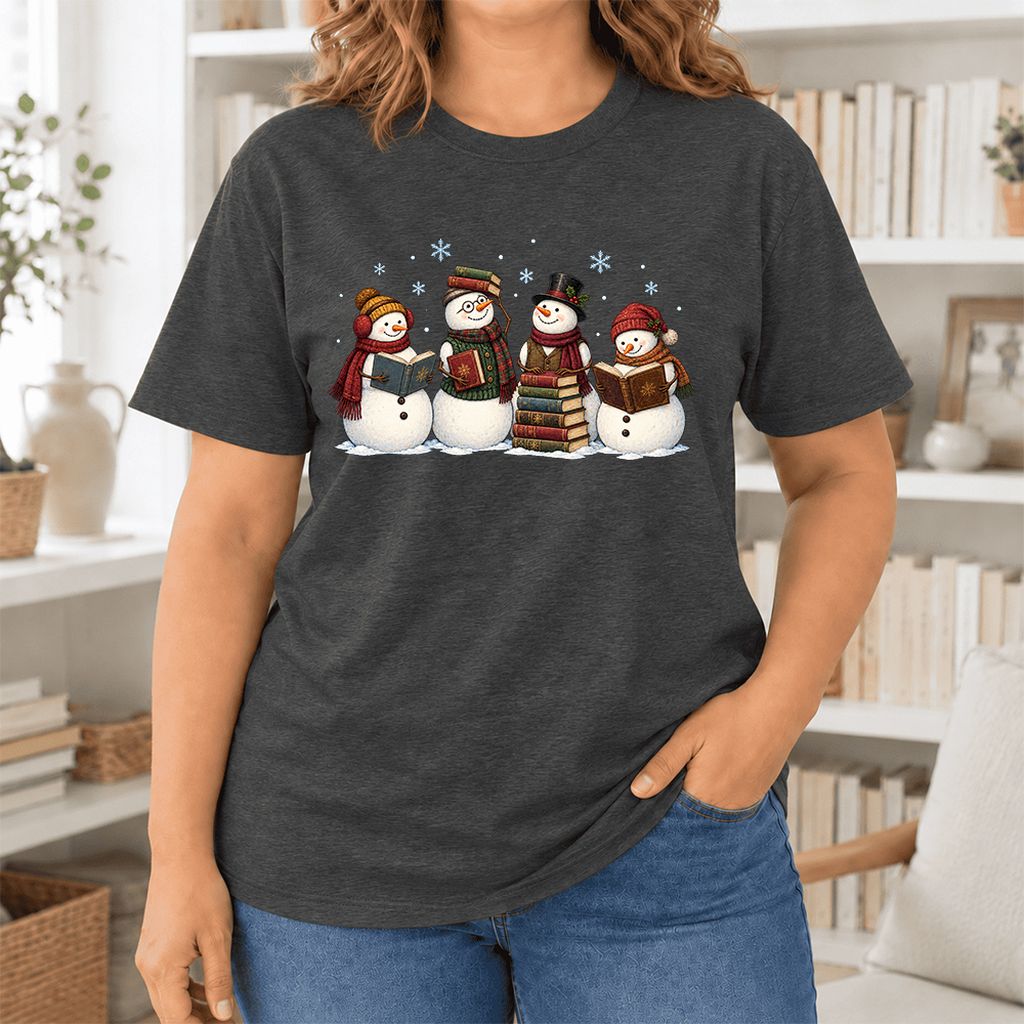 Four Snowmen Cozy Reading Ultra-Soft Cotton T-Shirt | Christmas Reader Gift Dark Grey Heather