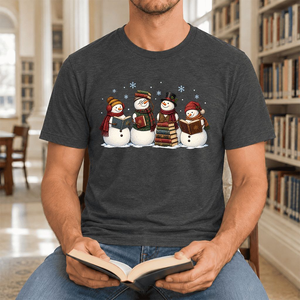 Four Snowmen Cozy Reading Ultra-Soft Cotton T-Shirt | Christmas Reader Gift Dark Grey Heather