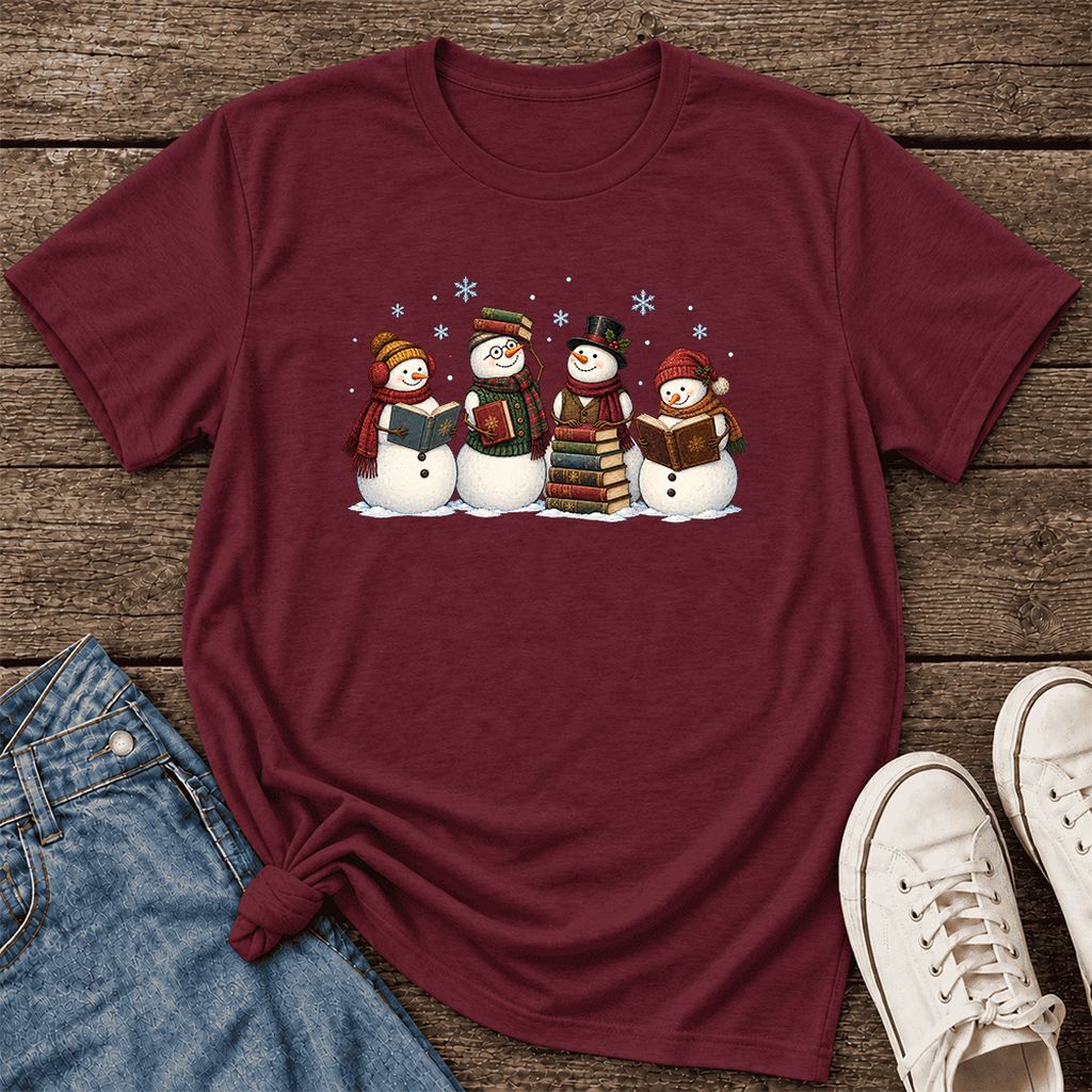 Four Snowmen Cozy Reading Ultra-Soft Cotton T-Shirt | Christmas Reader Gift Maroon