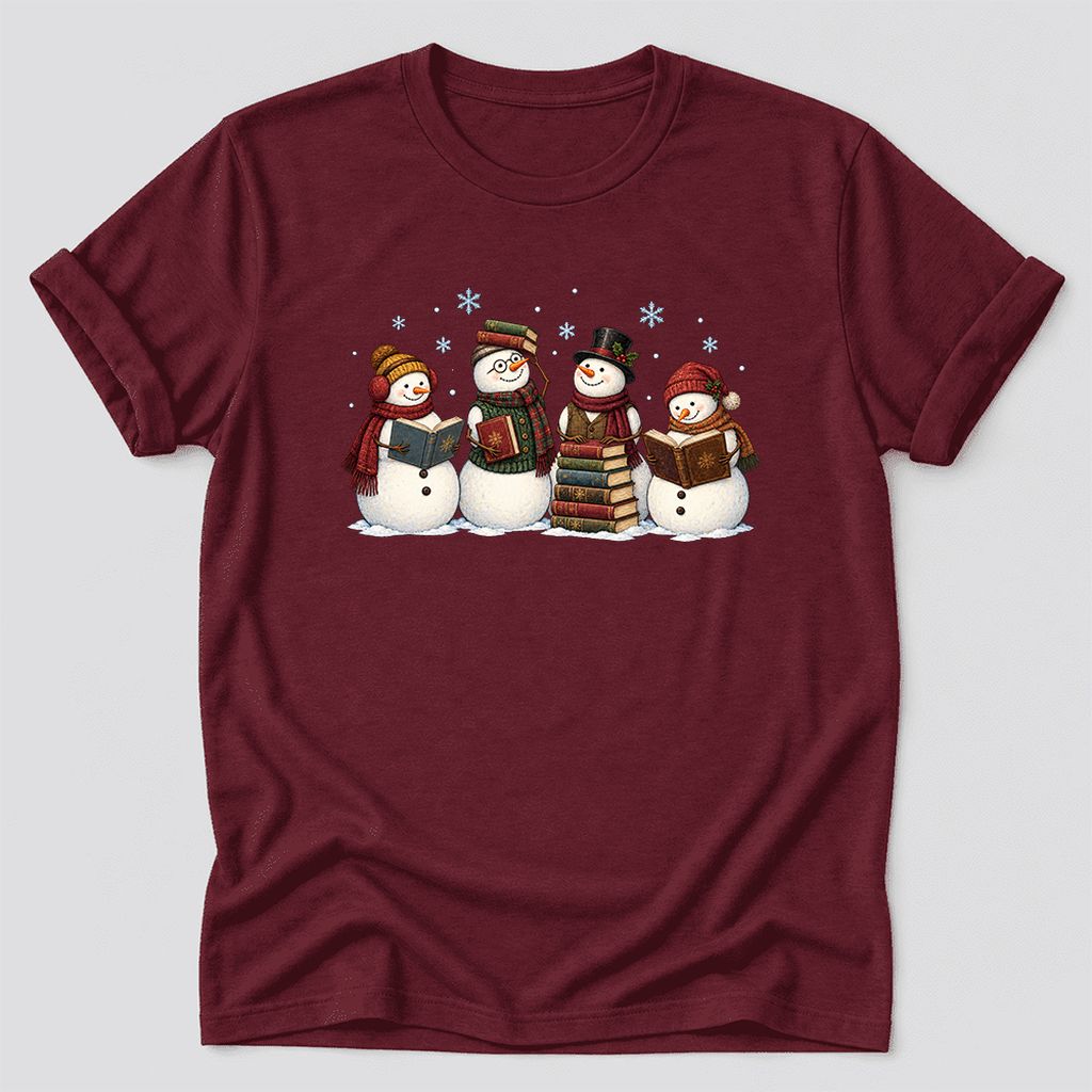 Four Snowmen Cozy Reading Ultra-Soft Cotton T-Shirt | Christmas Reader Gift Maroon