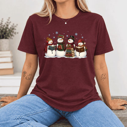 Four Snowmen Cozy Reading Ultra-Soft Cotton T-Shirt | Christmas Reader Gift Maroon