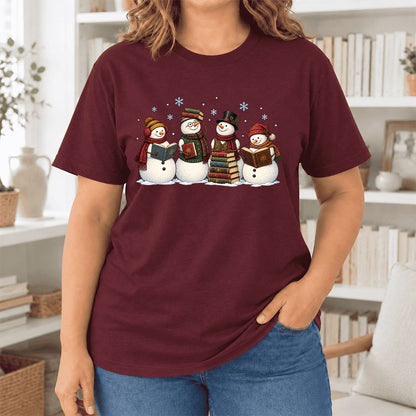 Four Snowmen Cozy Reading Ultra-Soft Cotton T-Shirt | Christmas Reader Gift Maroon