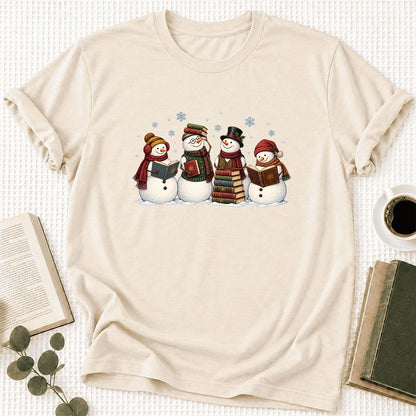 Four Snowmen Cozy Reading Ultra-Soft Cotton T-Shirt | Christmas Reader Gift Natural
