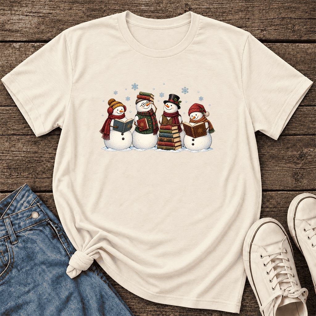 Four Snowmen Cozy Reading Ultra-Soft Cotton T-Shirt | Christmas Reader Gift Natural