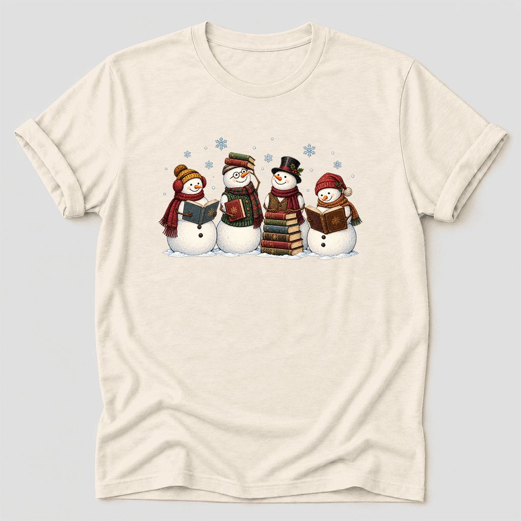 Four Snowmen Cozy Reading Ultra-Soft Cotton T-Shirt | Christmas Reader Gift Natural
