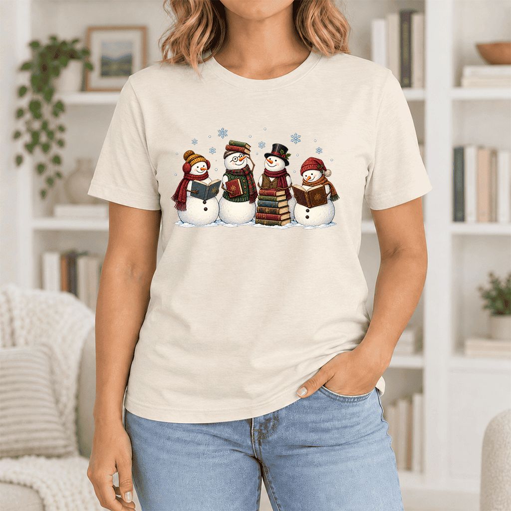 Four Snowmen Cozy Reading Ultra-Soft Cotton T-Shirt | Christmas Reader Gift Natural