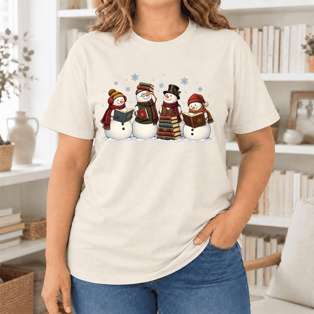 Four Snowmen Cozy Reading Ultra-Soft Cotton T-Shirt | Christmas Reader Gift Natural