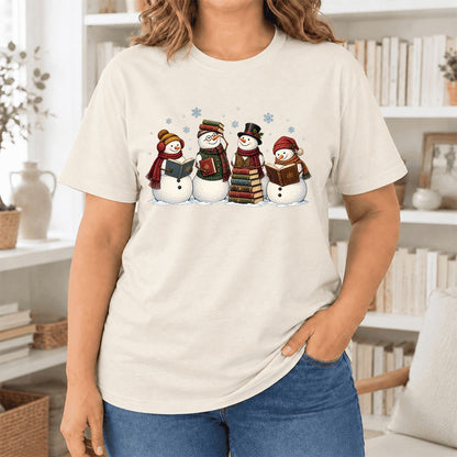 Four Snowmen Cozy Reading Ultra-Soft Cotton T-Shirt | Christmas Reader Gift Natural