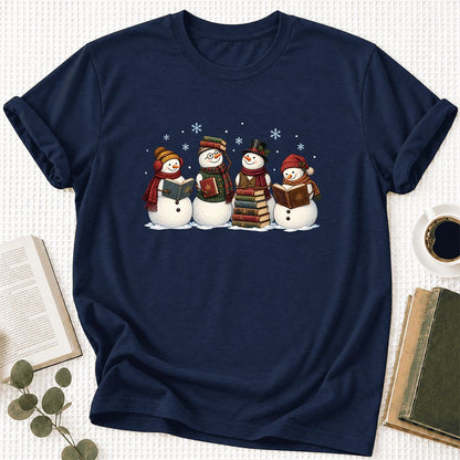 Four Snowmen Cozy Reading Ultra-Soft Cotton T-Shirt | Christmas Reader Gift Navy
