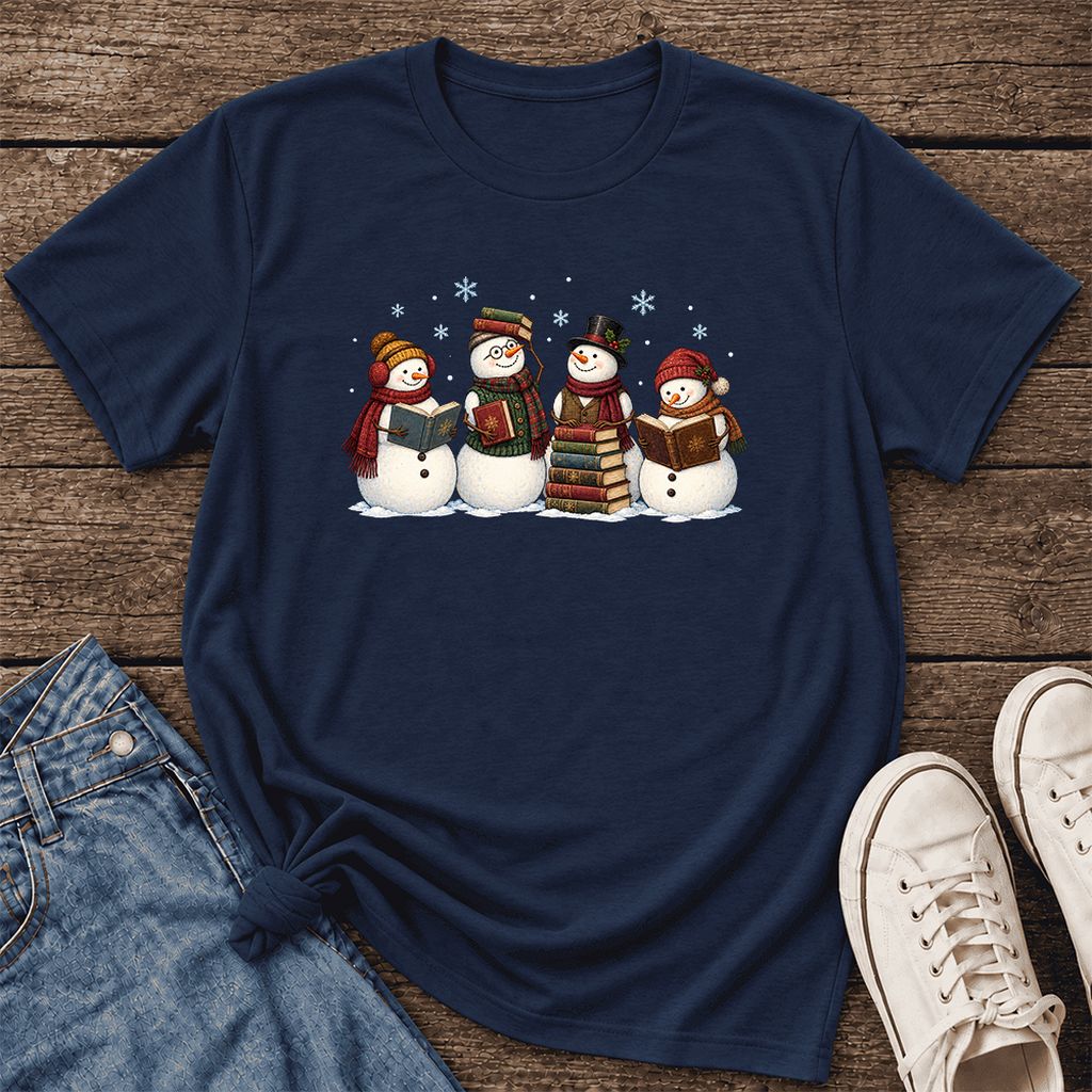 Four Snowmen Cozy Reading Ultra-Soft Cotton T-Shirt | Christmas Reader Gift Navy