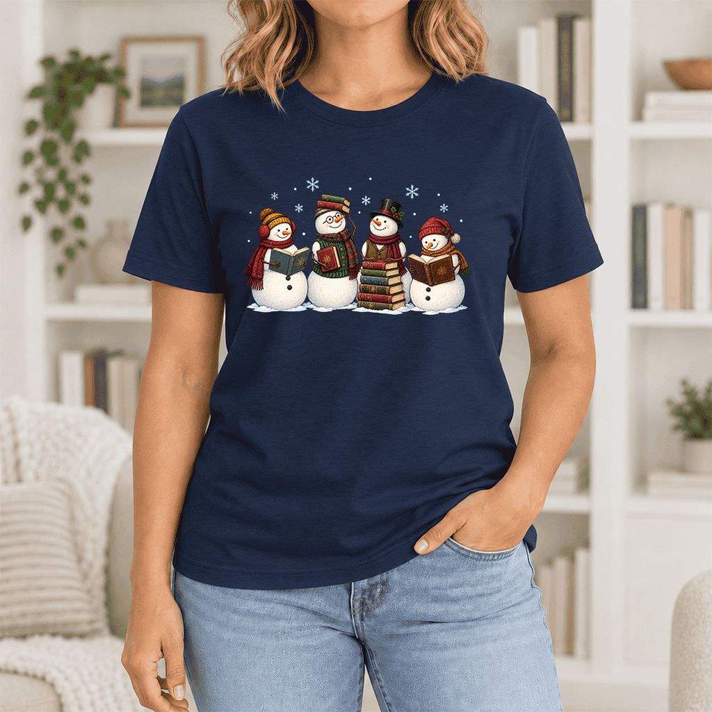 Four Snowmen Cozy Reading Ultra-Soft Cotton T-Shirt | Christmas Reader Gift Navy