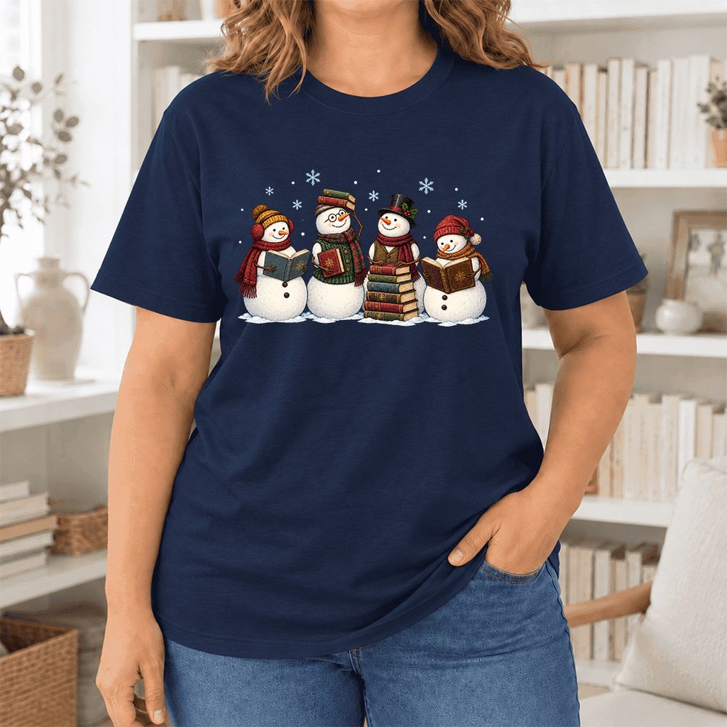 Four Snowmen Cozy Reading Ultra-Soft Cotton T-Shirt | Christmas Reader Gift Navy