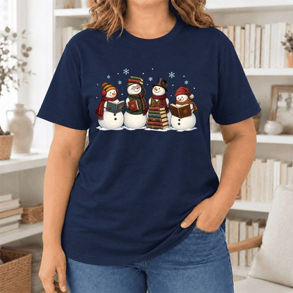 Four Snowmen Cozy Reading Ultra-Soft Cotton T-Shirt | Christmas Reader Gift Navy