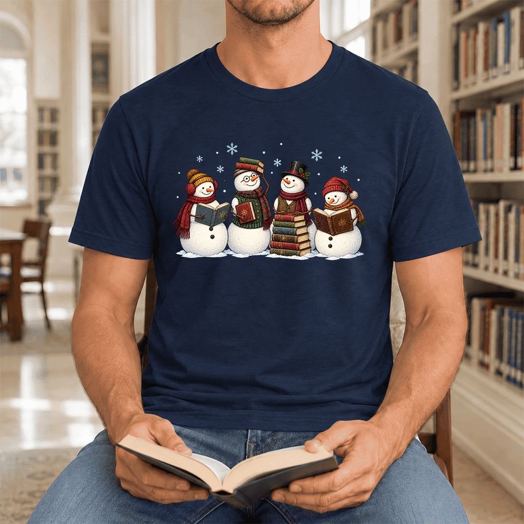 Four Snowmen Cozy Reading Ultra-Soft Cotton T-Shirt | Christmas Reader Gift Navy