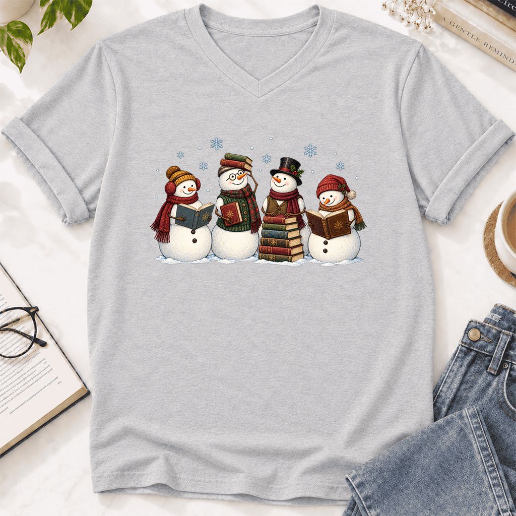 Four Snowmen Reading Ultra-Soft V-Neck | Christmas Book Lover Gift Ash